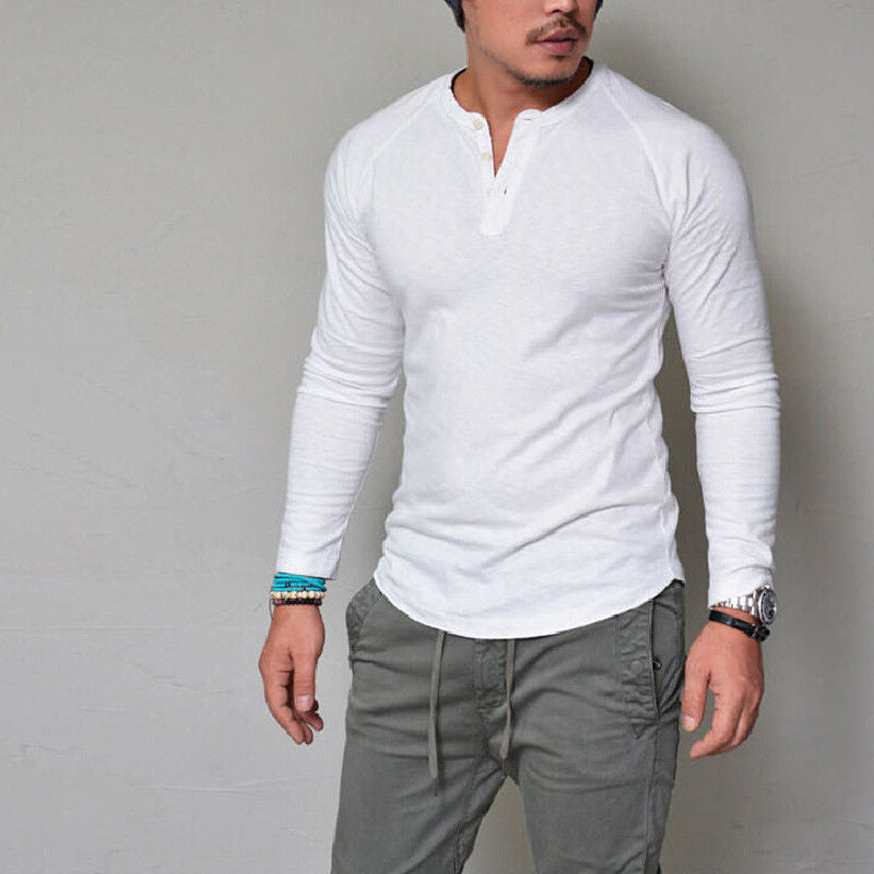 Solid Long-Sleeve Henley T-Shirt with Curved Hem