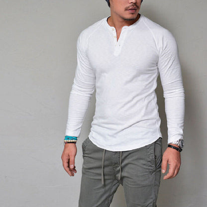 Solid Long-Sleeve Henley T-Shirt with Curved Hem
