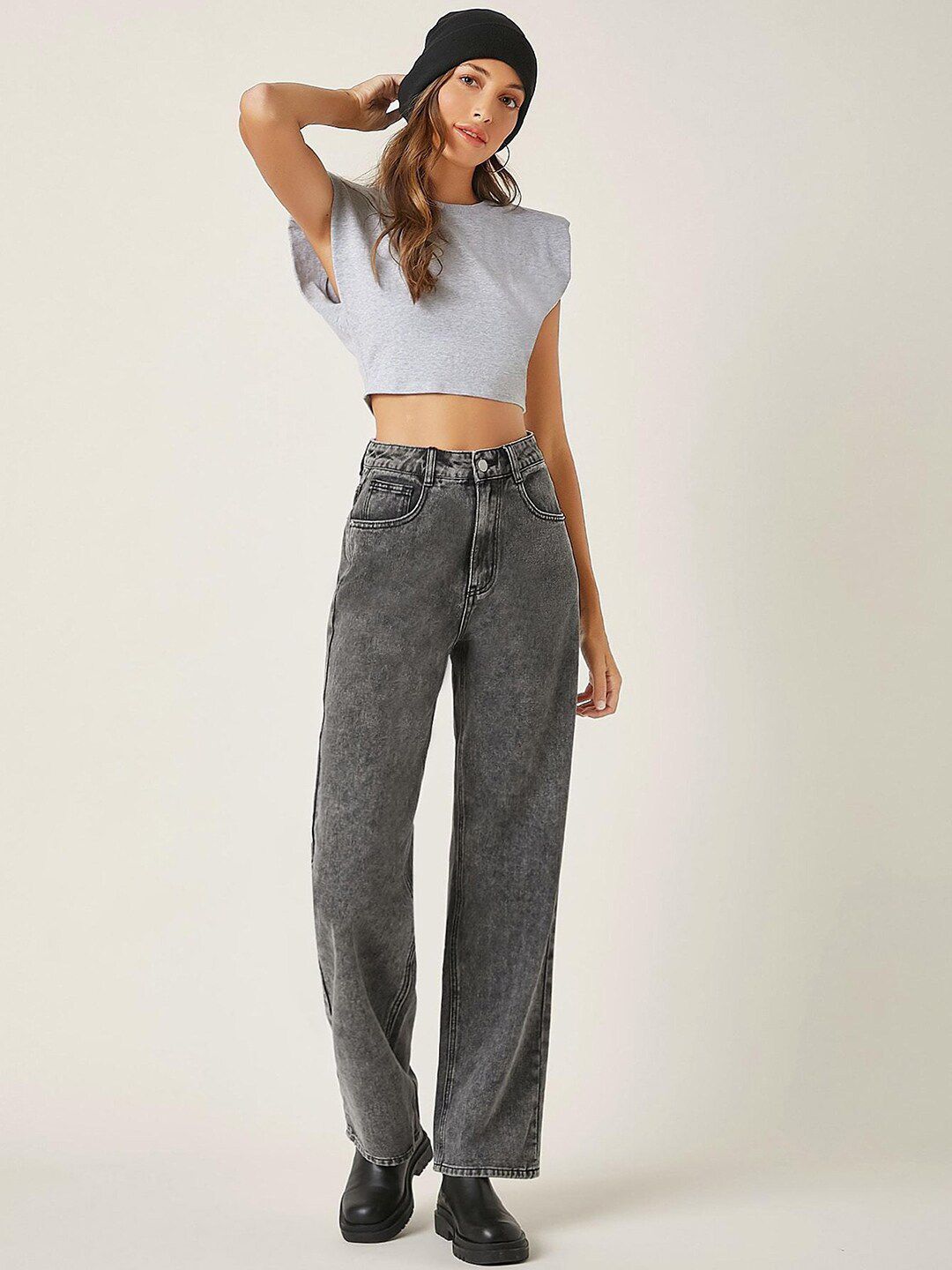 Women Grey Jean Straight Fit High Rise Clean Look Heavy Fade Stretchable Jeans