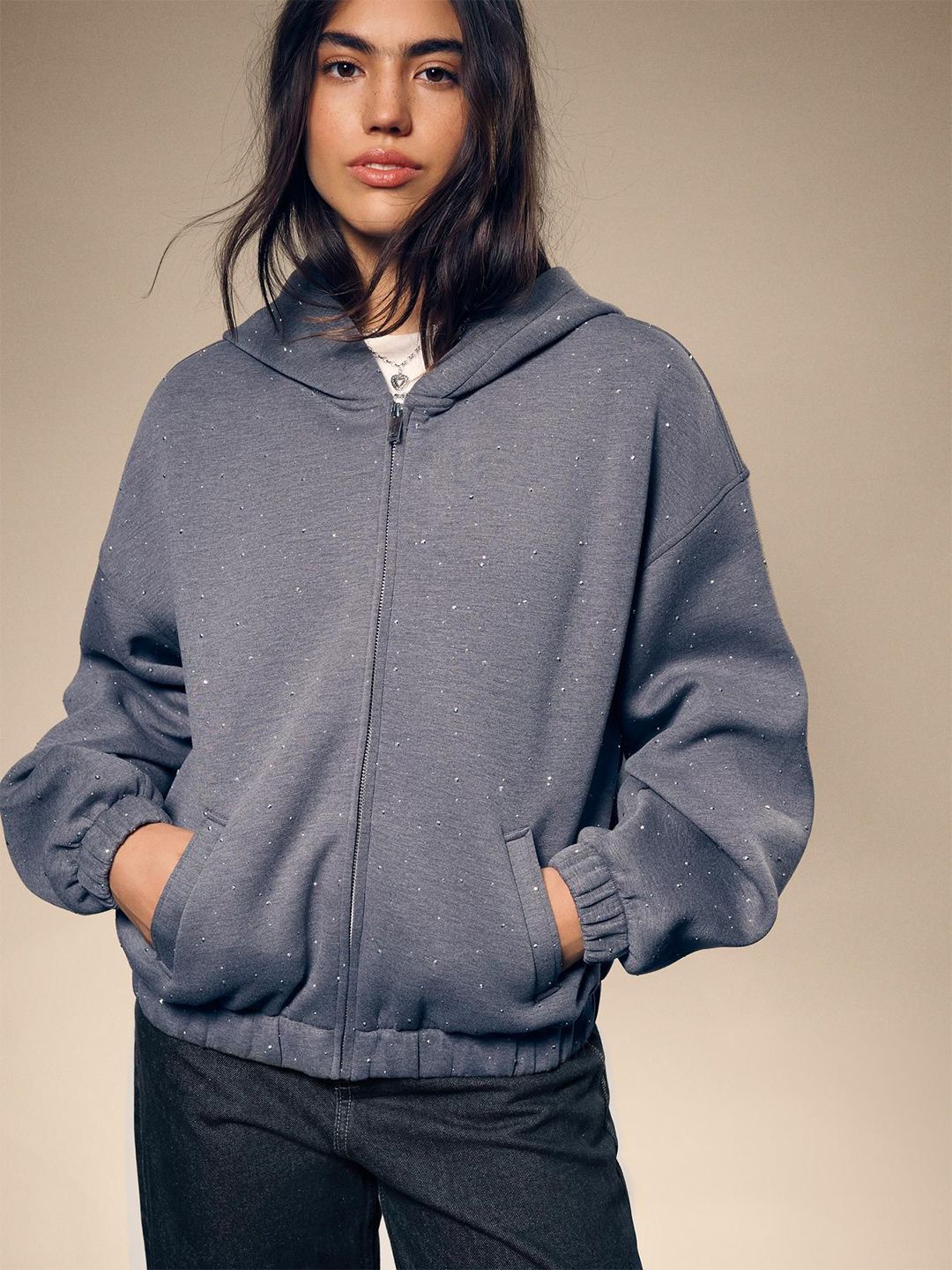 Shimmery neoprene-effect hoodie