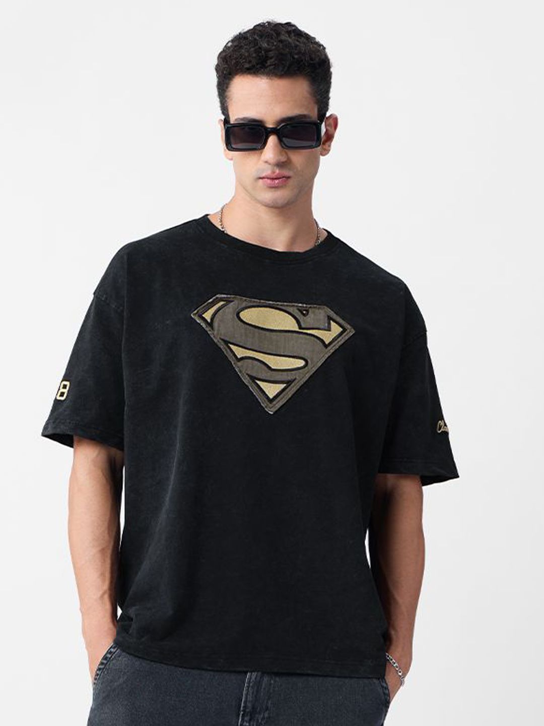 Men Oversized Fit Superman Printed Black T-Shirts