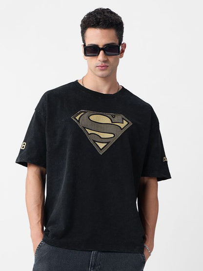 Men Oversized Fit Superman Printed Black T-Shirts
