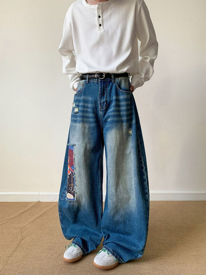 Men Wide Leg Mid-Rise Low Distress Light Fade Jeans