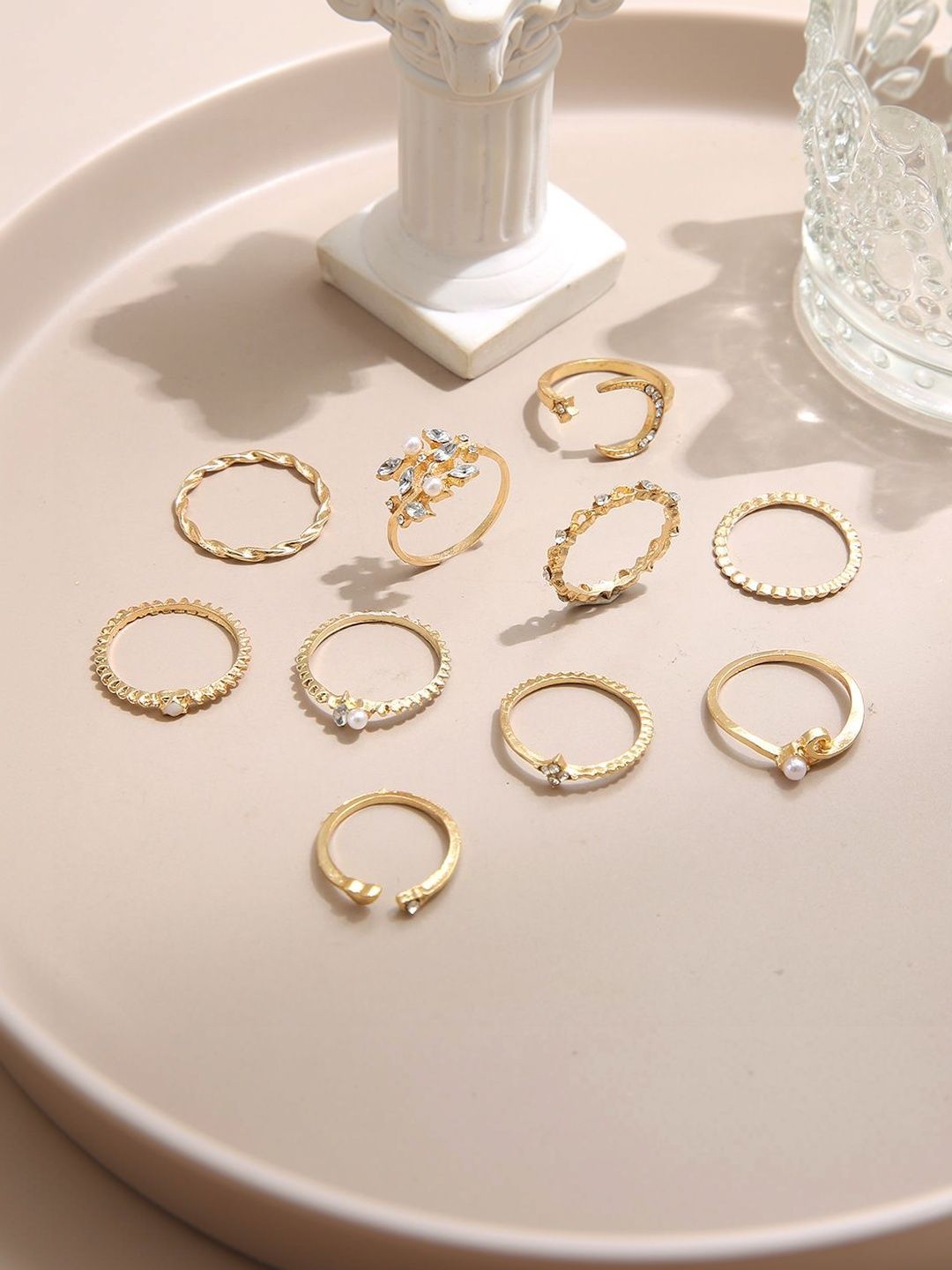 Set of 10 Gold-Plated Stone & Pearls-Studded Finger Rings