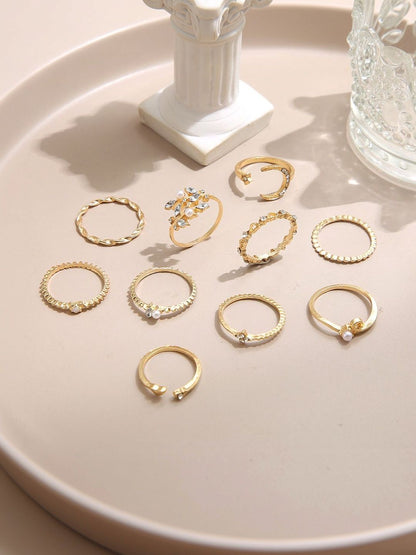 Set of 10 Gold-Plated Stone & Pearls-Studded Finger Rings