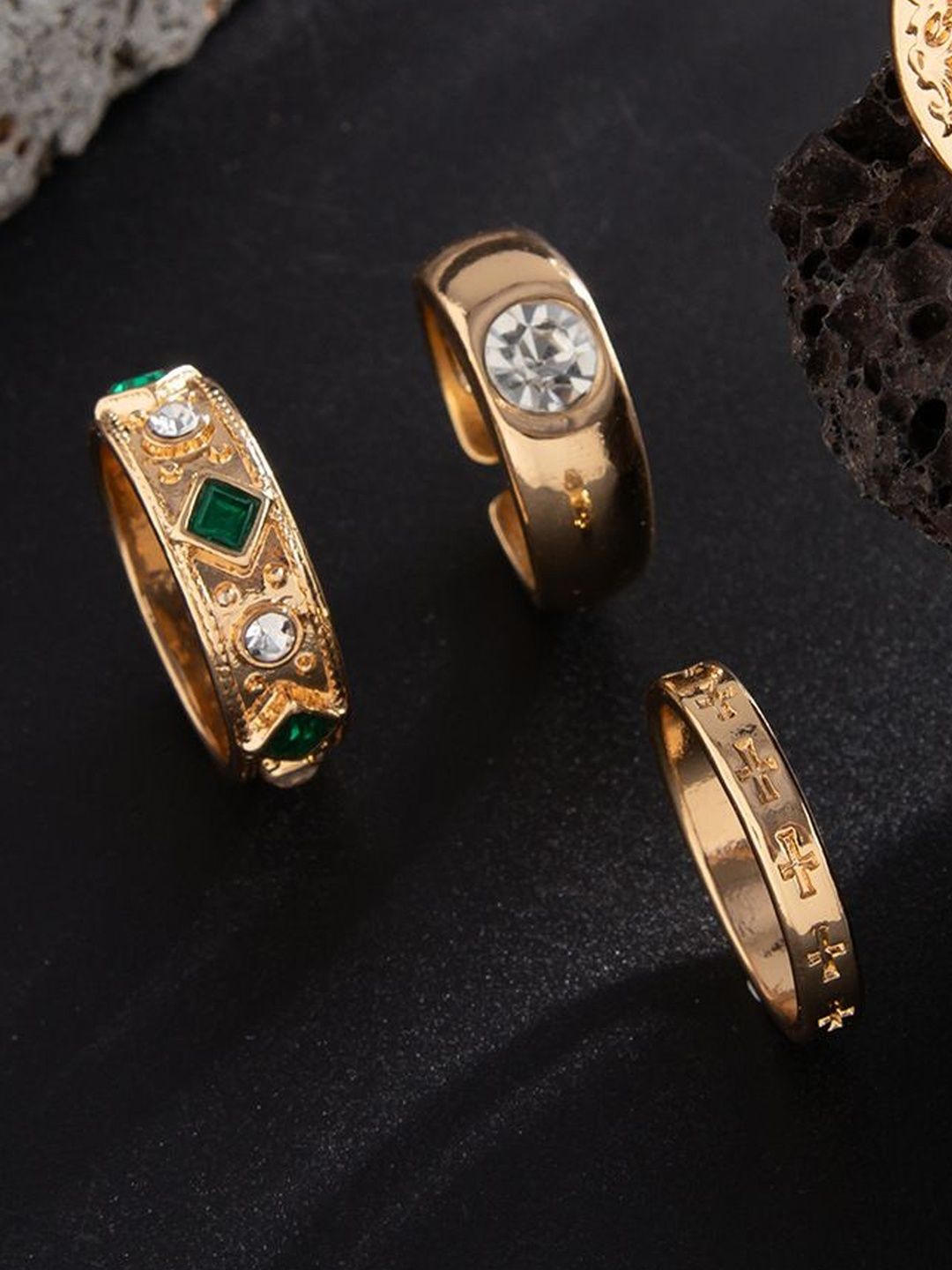 Men Set Of 3 Gold-Plated Artificial Stones Studded Finger Rings