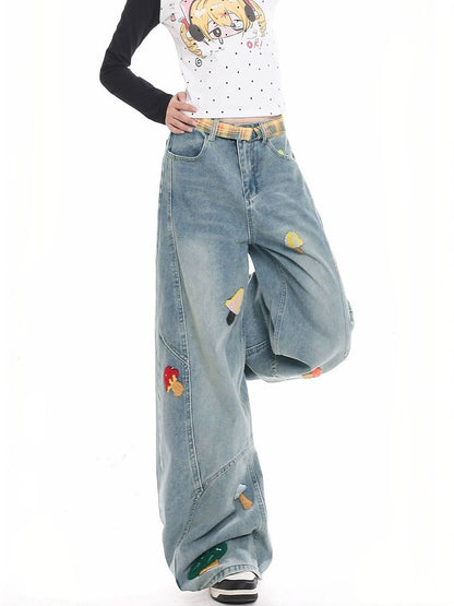 Women Wide Leg High-Rise Light Fade Embroidered Jeans