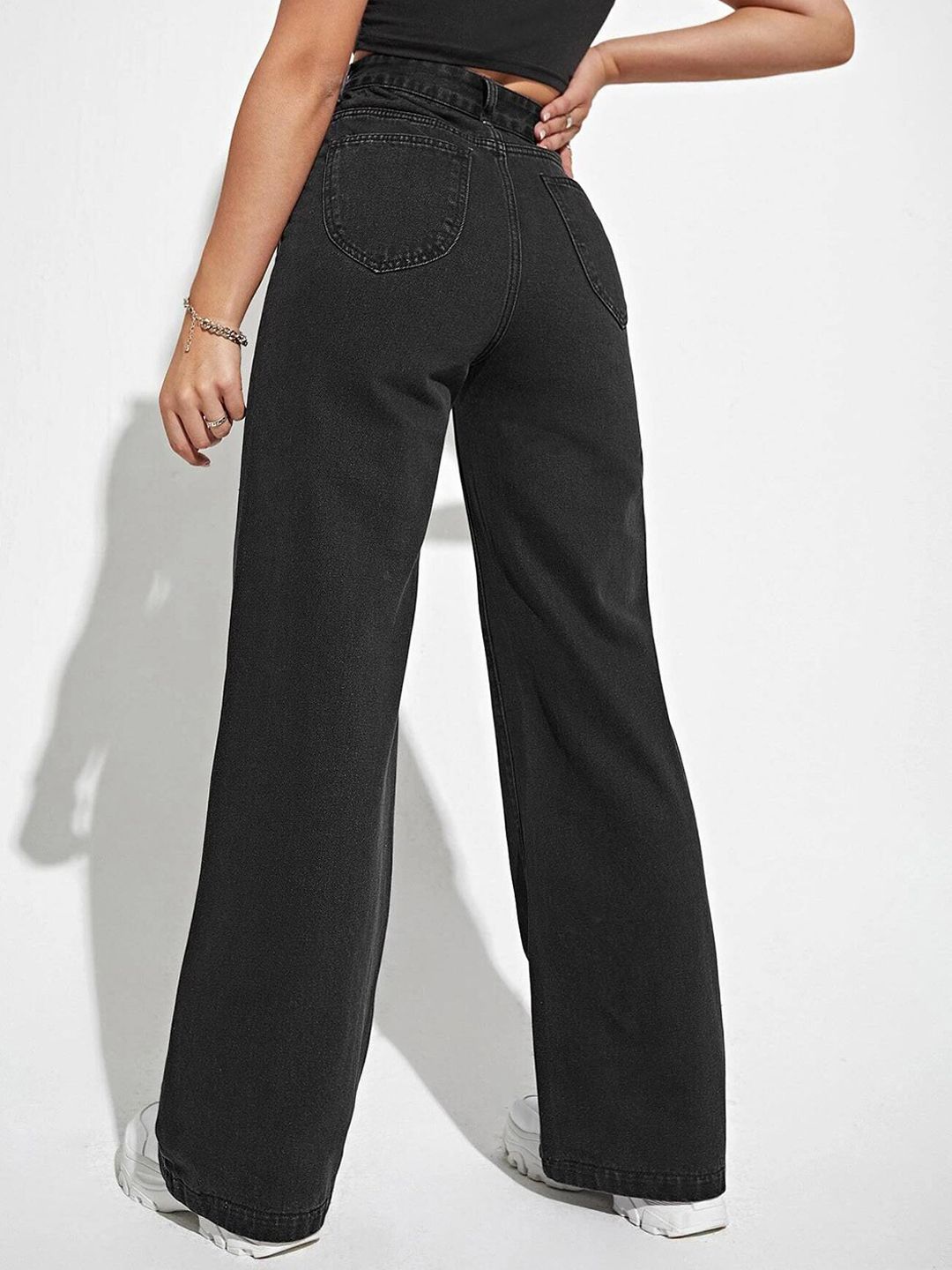 Women Black Jean Straight Fit High-Rise Mildly Distressed Jeans