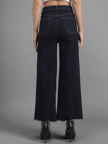 Women Navy Blue Flared High-Rise Clean Look Jeans