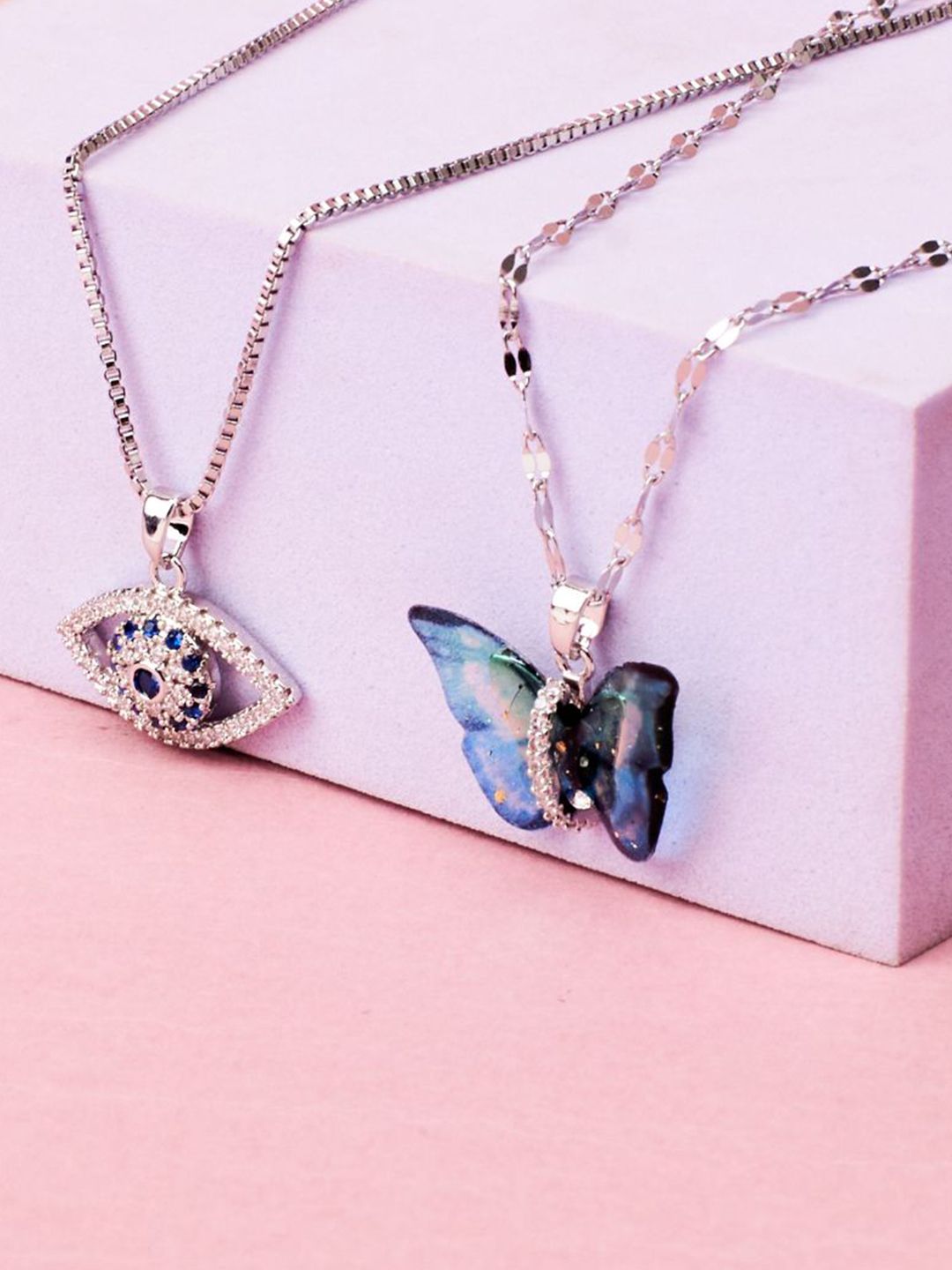 SALTY Set Of 2 Stones-Studded Evil-Eye & Butterfly Pendant With Chain