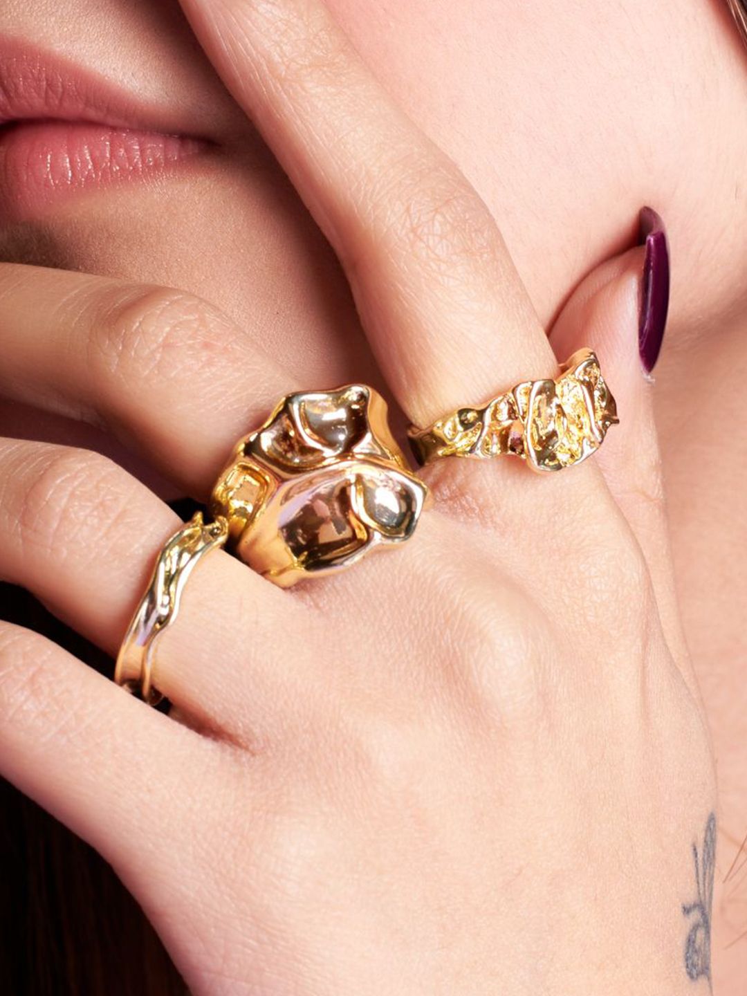SALTY Set Of 3 Women & Girls Elegance Gold Chunky Design Adjustable Finger Rings