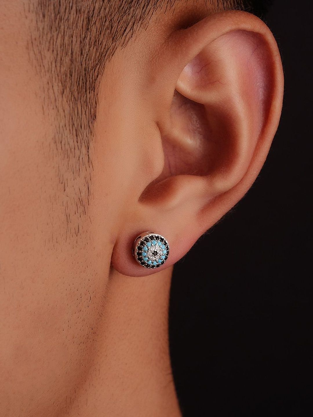 Men Silver-Plated Zircon Studded Circular Shaped Studs