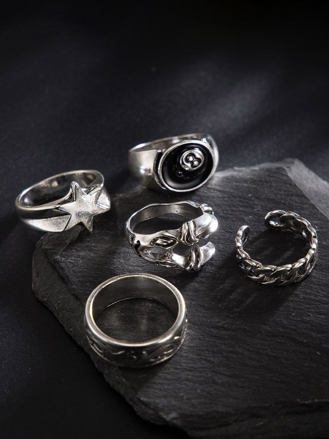 Set Of 5 Sliver-Plated Adjustable Finger Rings