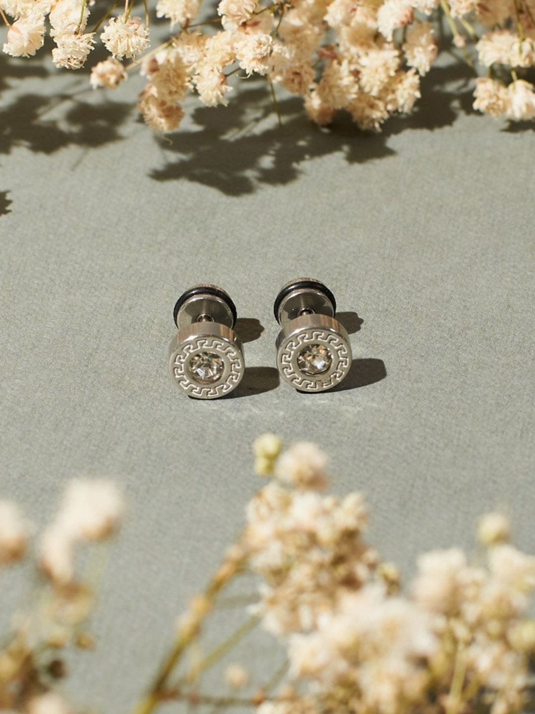 SALTY Men Stainless Steel Stones Studded Circular Studs Earrings