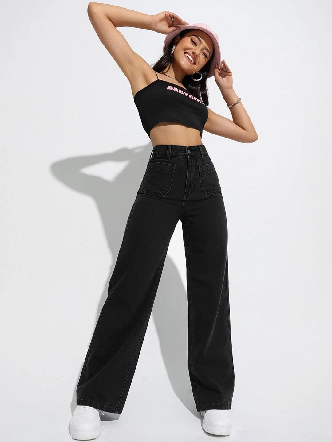 Women Black Jean Straight Fit High-Rise Mildly Distressed Jeans
