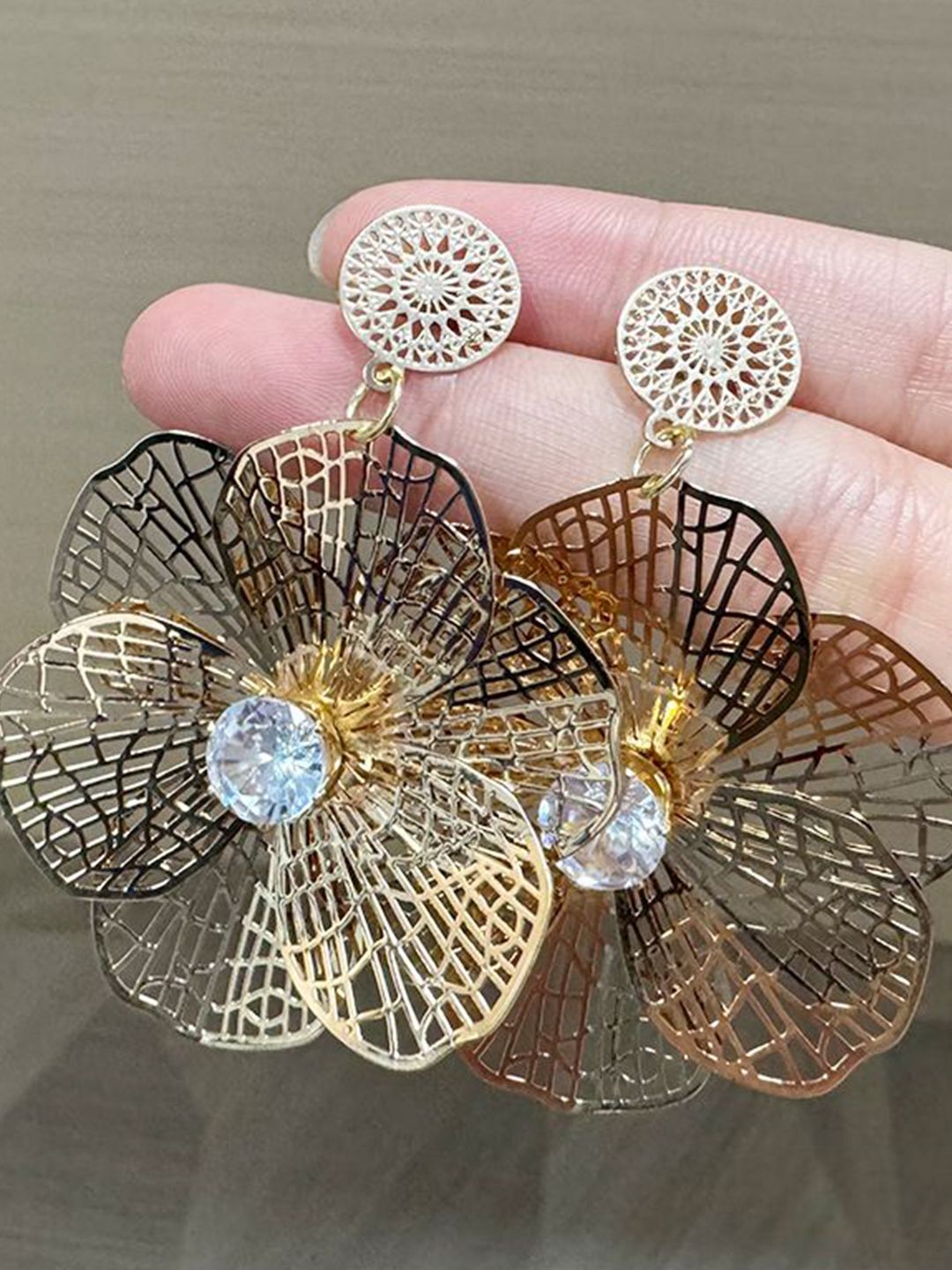 Gold-Plated Zircon Studded Floral Shaped Drop Earrings