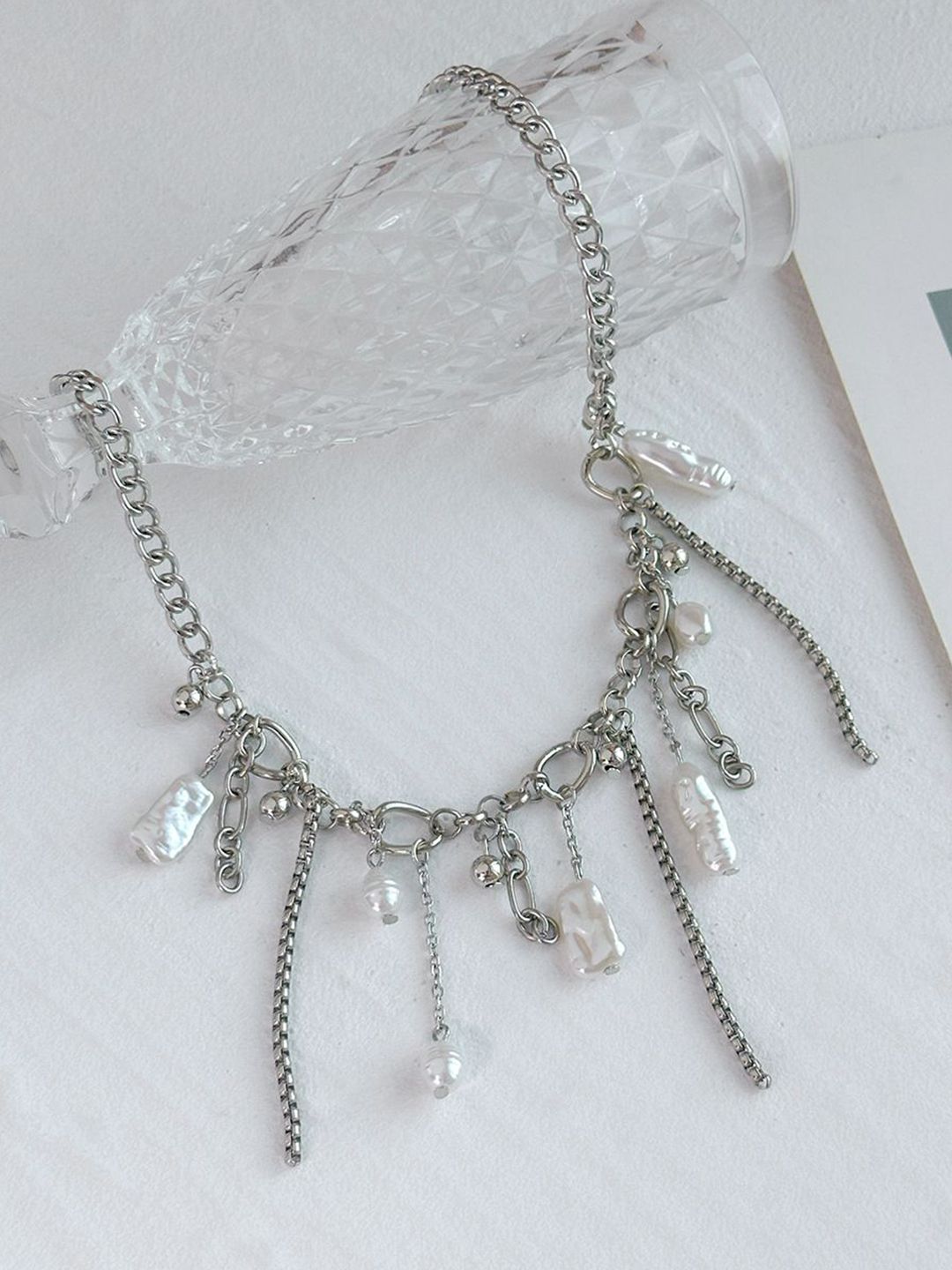 Silver-Plated Artifcial Beaded Tasselled Statement Necklace