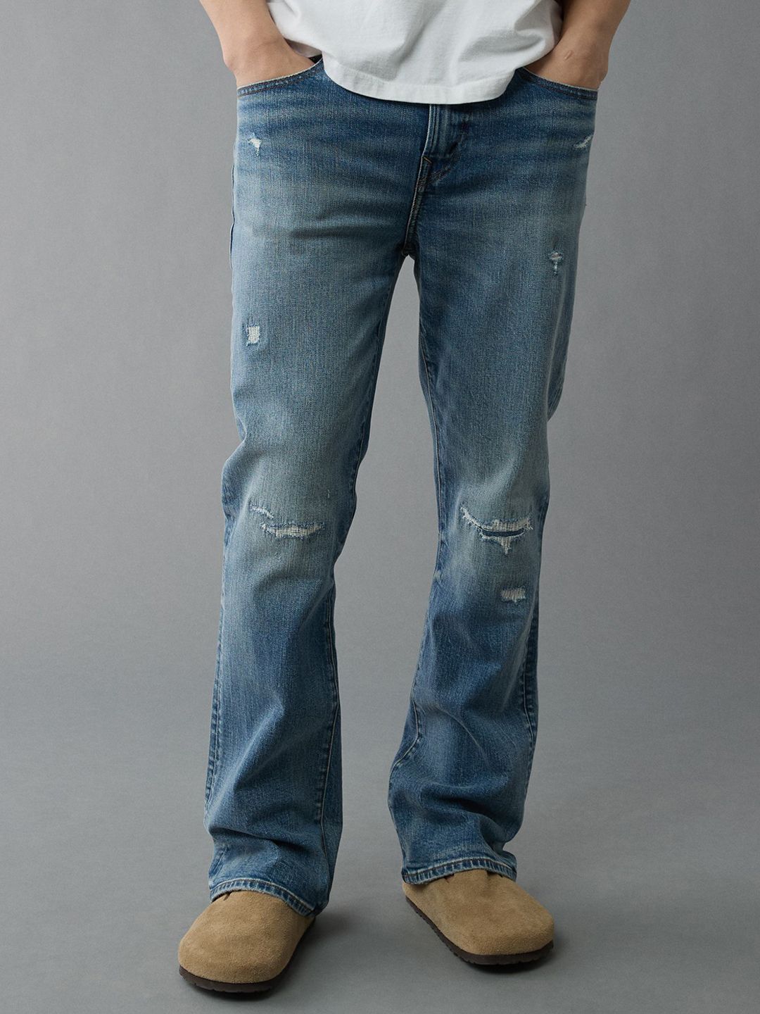 Men Bootcut Low Distress Light Fade Jeans
