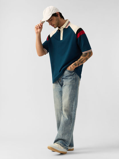 Men Colourblocked Polo Collar Drop-Shoulder Sleeves T-shirt