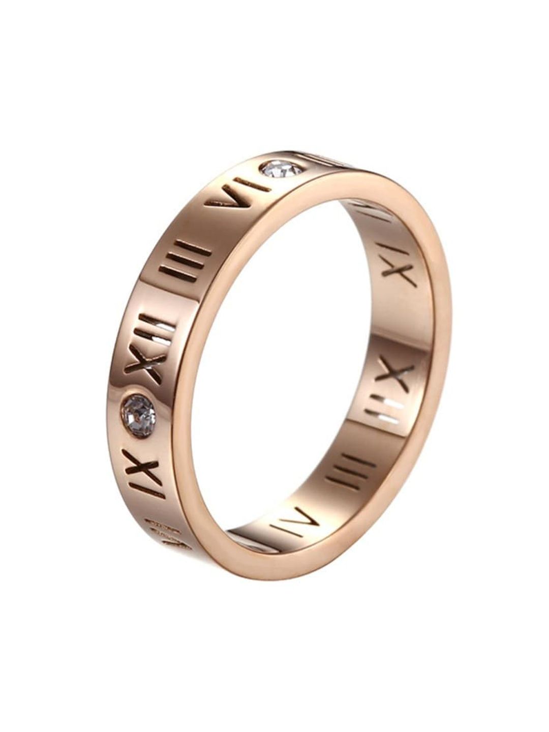 SALTY 92.5 Stainless Steel Artificial Stones-Studded Roman Angels Band Ring