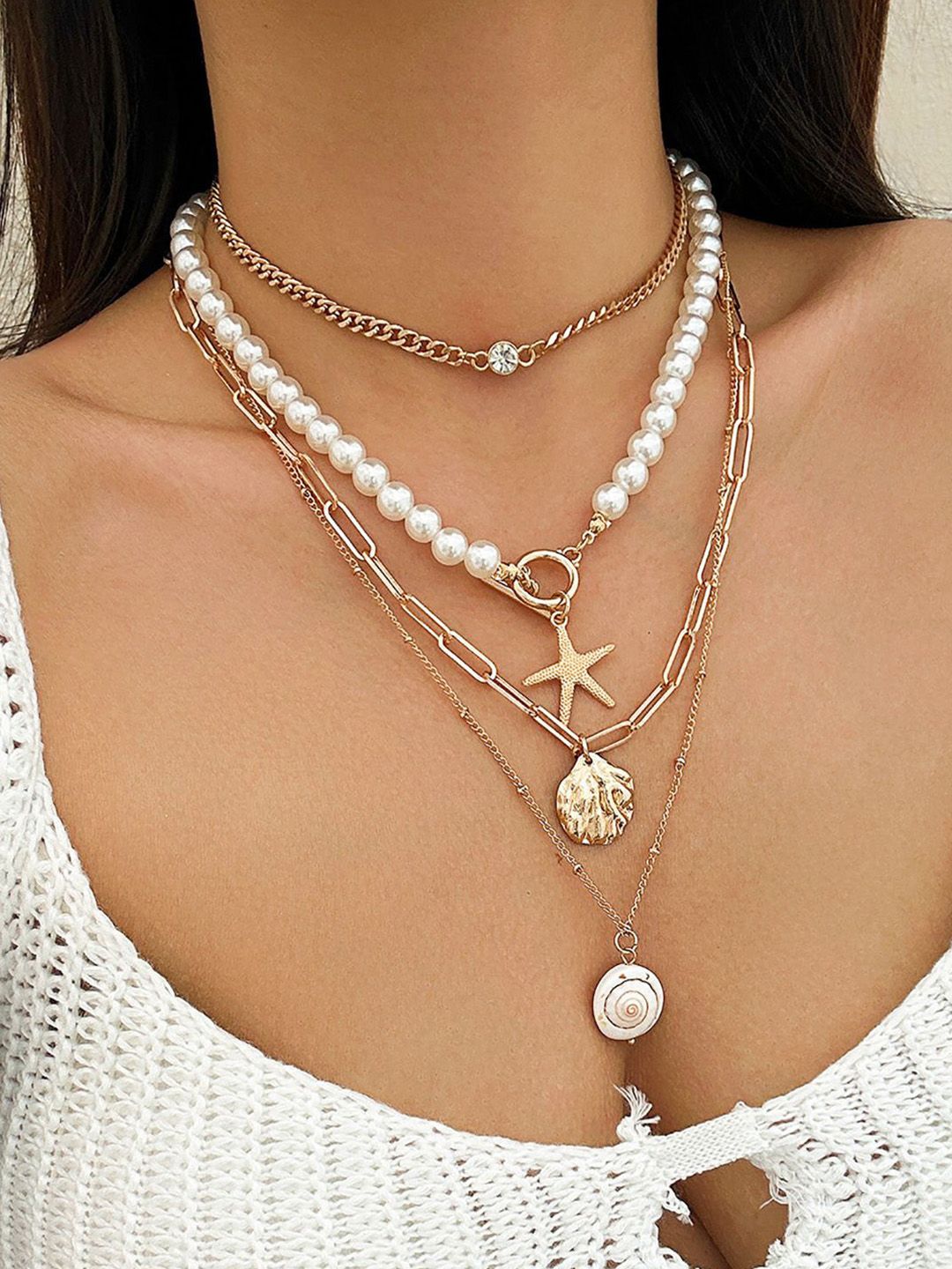 White Gold-Plated Pearls Studded Layered Chain
