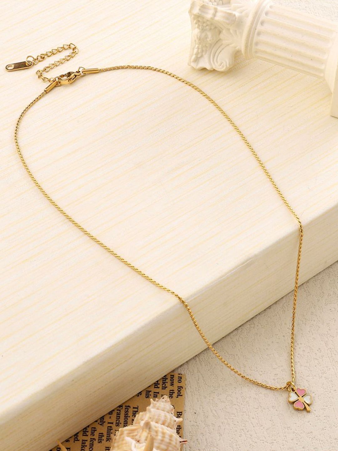 SALTY Gold-Plated Floral Stainless Steel Studded Pendants With Chains