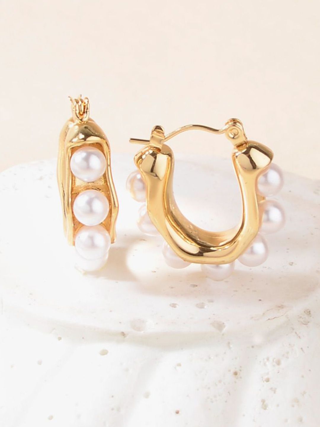 SALTY Lustrous Stainless Steel Pearl Beaded Contemporary Hoop Earrings