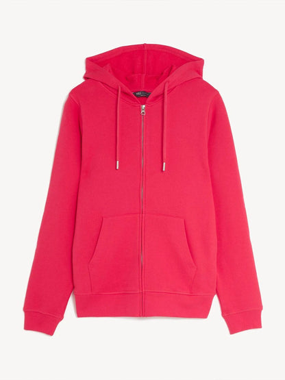 Fuchsia Hooded Front Open Cotton Sweatshirt