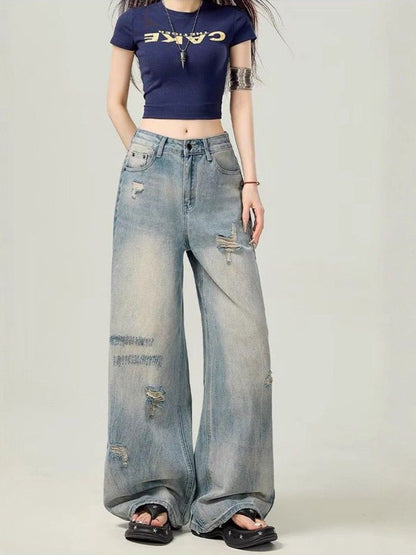 Women Wide Leg Mid-Rise Mildly Distressed Light Fade Jeans