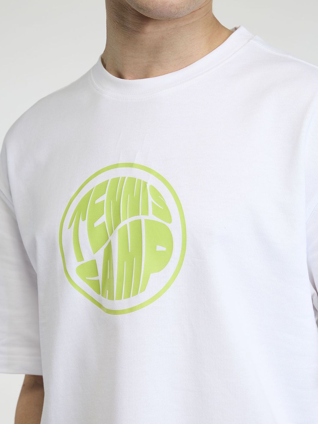 Men White Tenniscore Oversized Printed Cotton Tee