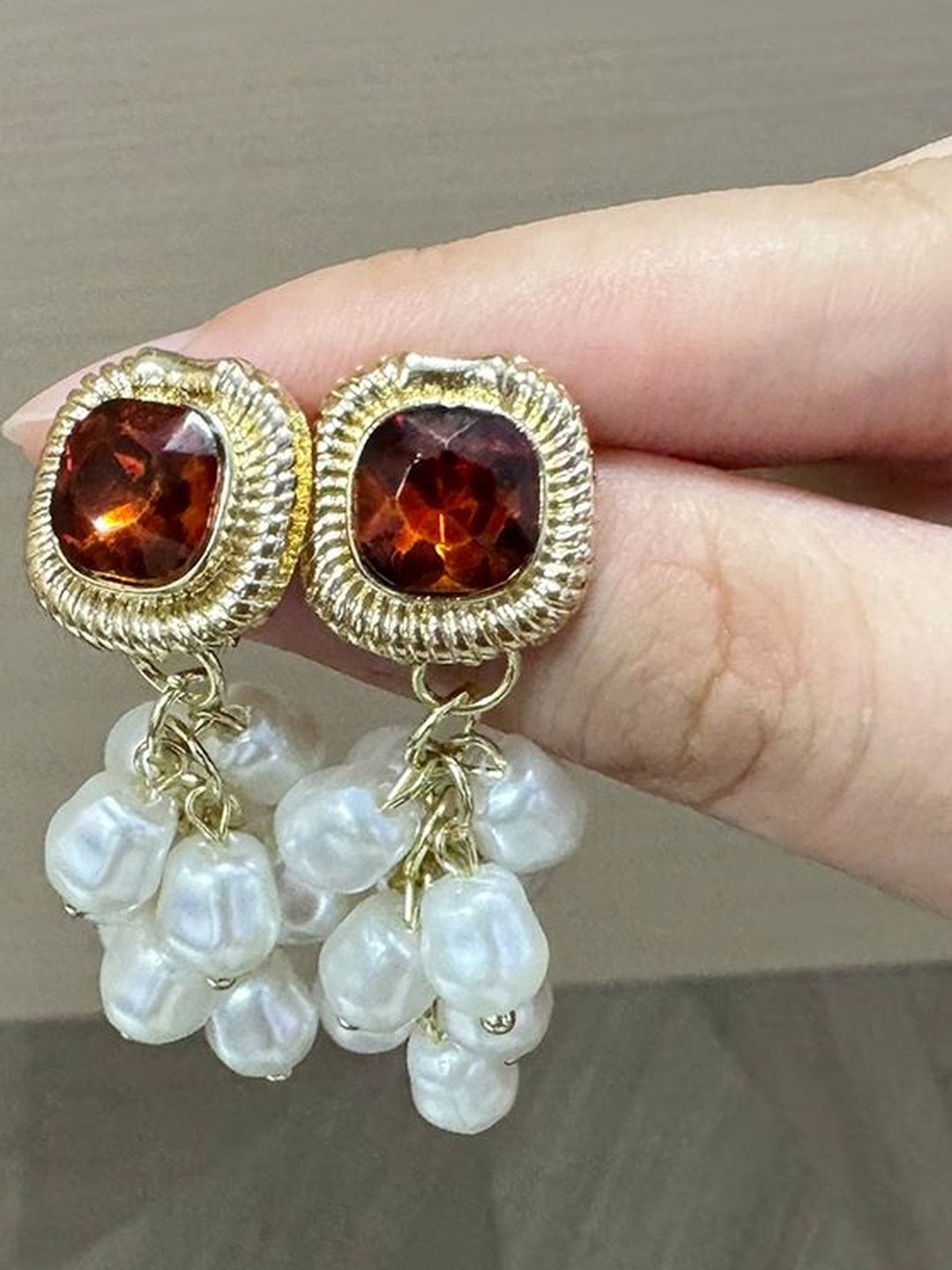 Gold-Plated Artificial Studded and Beaded Drop Earrings