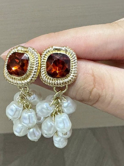 Gold-Plated Artificial Studded and Beaded Drop Earrings