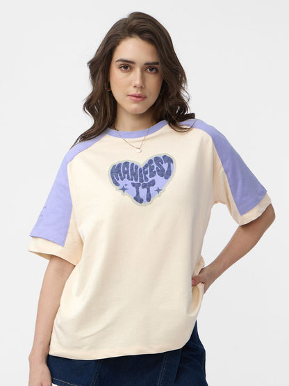 Women Oversized Fit Printed Cream T-Shirts