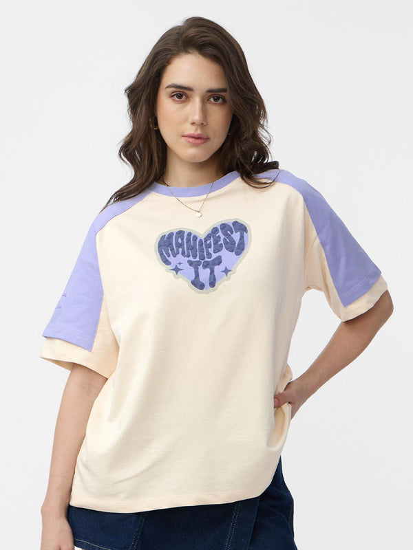 Women Oversized Fit Printed Cream T-Shirts