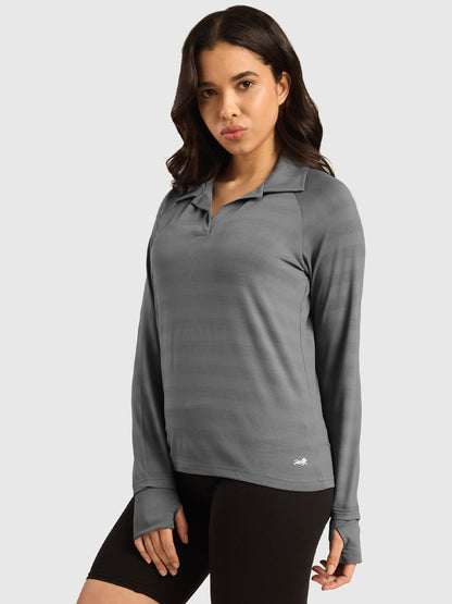 Women Vogue Self Design Polo Collar T-shirt