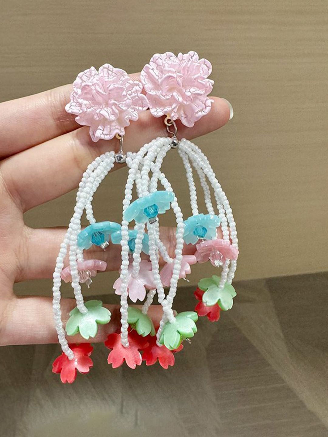 Artificial Beaded Floral Shaped Tasselled Drop Earrings