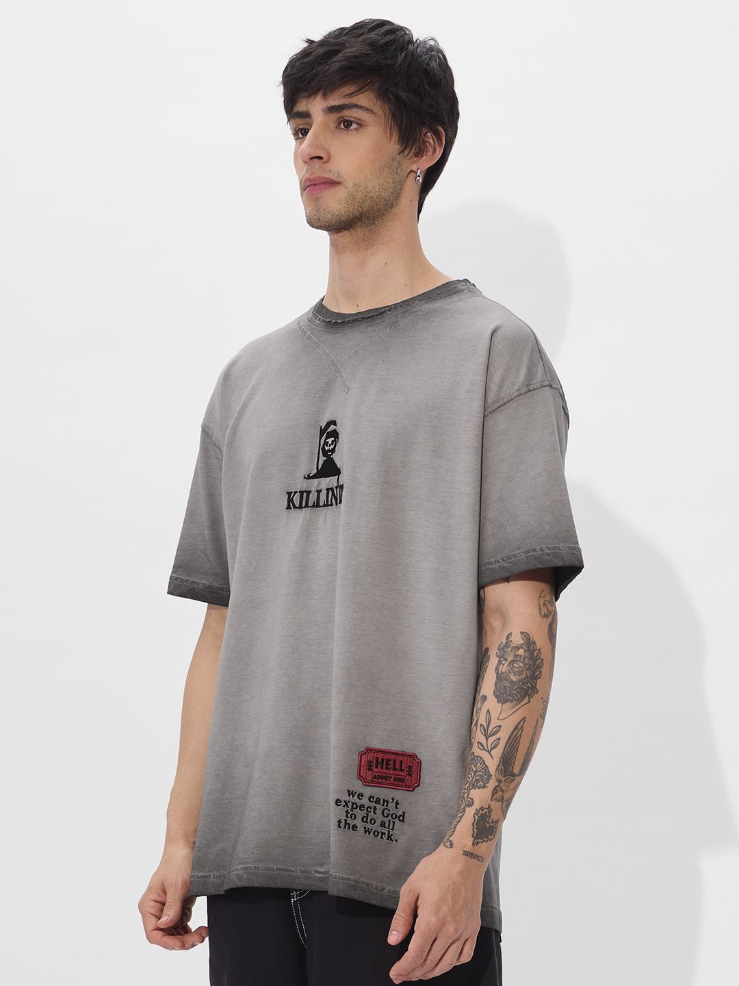 Men Printed Grey Cotton Oversized Fit T-Shirts