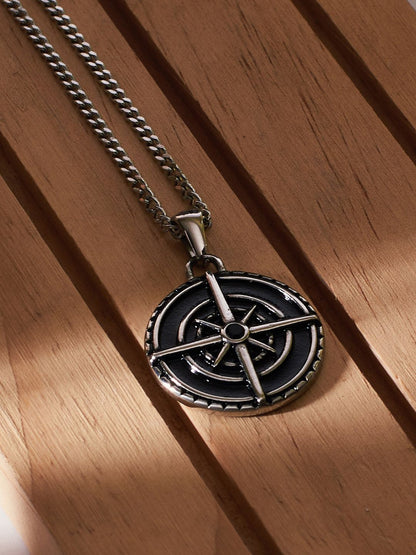 SALTY Men Silver-Plated Mountain Hikers Compass Pendant with Chain