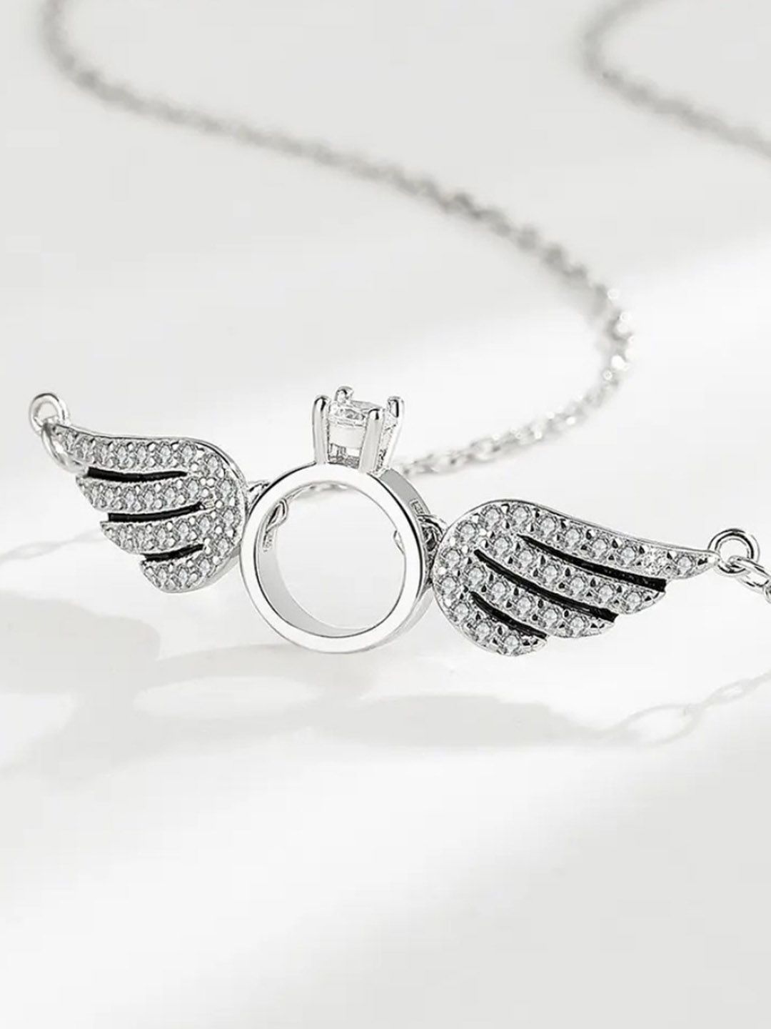 SALTY Stainless Steel Silver Plated Angel Wings Stone Studded Necklace