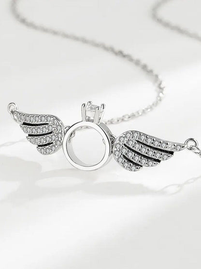 SALTY Stainless Steel Silver Plated Angel Wings Stone Studded Necklace