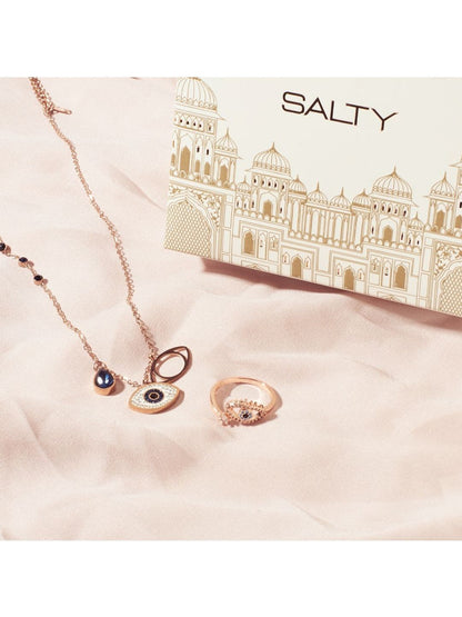 SALTY Sapphire Evil eye Necklace & Cute Evil Eye Adjustable Ring Jewellery Set