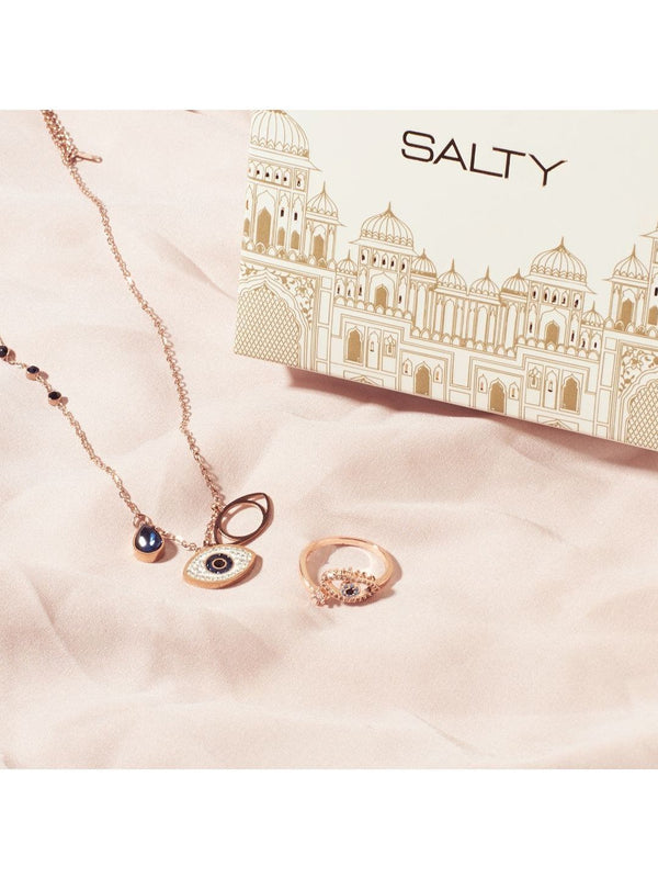 SALTY Sapphire Evil eye Necklace & Cute Evil Eye Adjustable Ring Jewellery Set