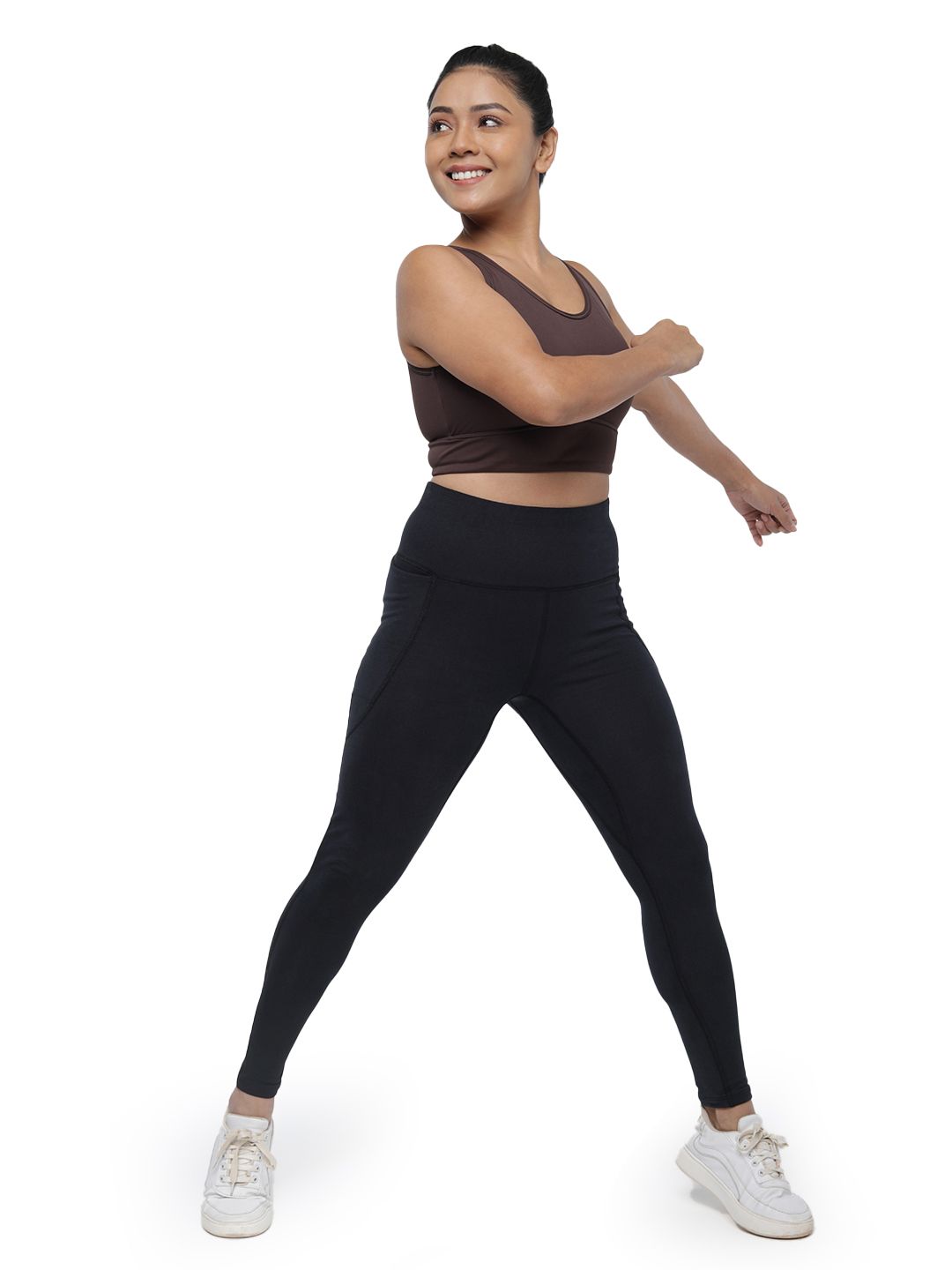 Women Black High Waisted Cotton Leggings with Hidden Drawstring
