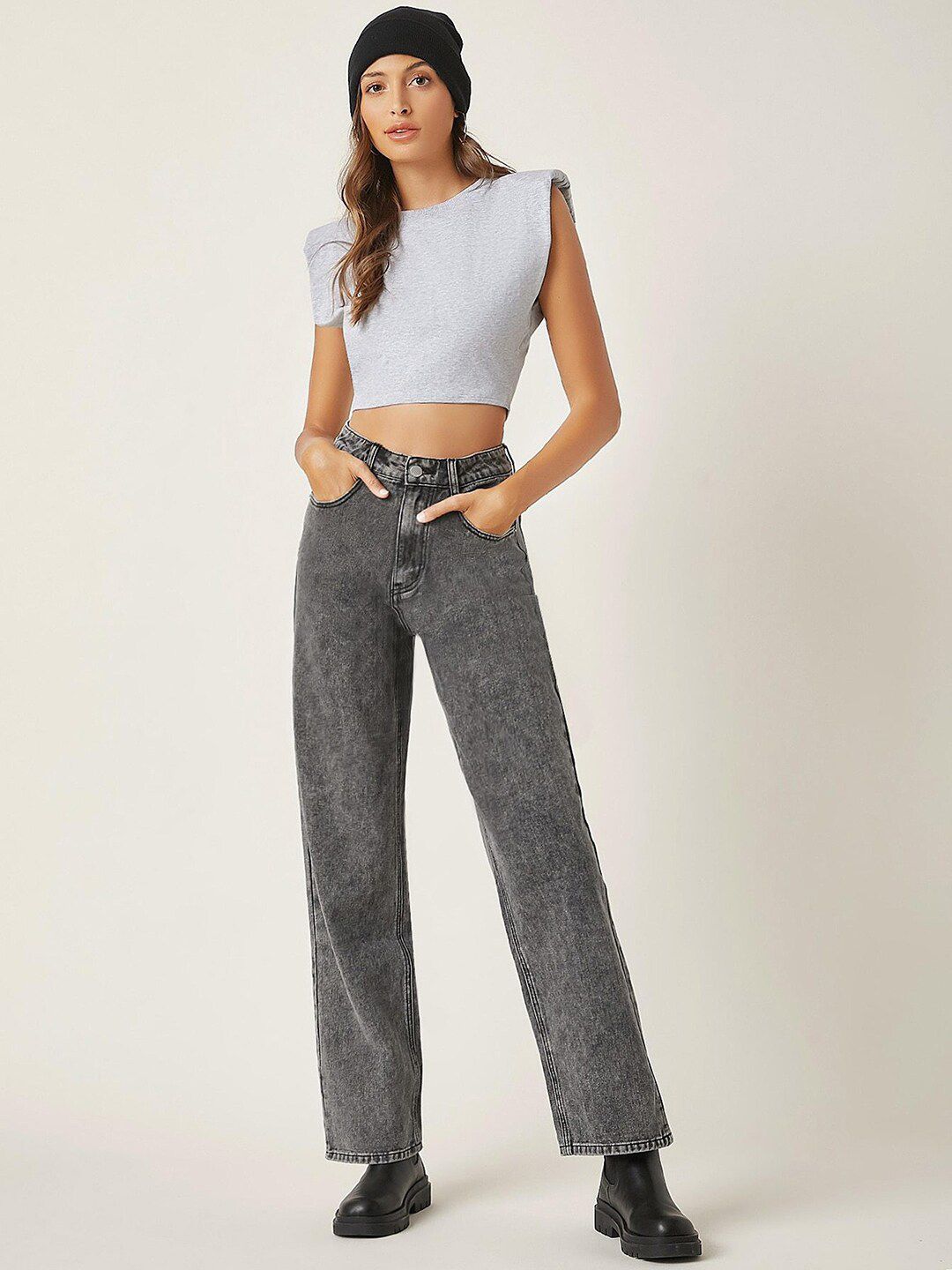 Women Grey Jean Straight Fit High Rise Clean Look Heavy Fade Stretchable Jeans