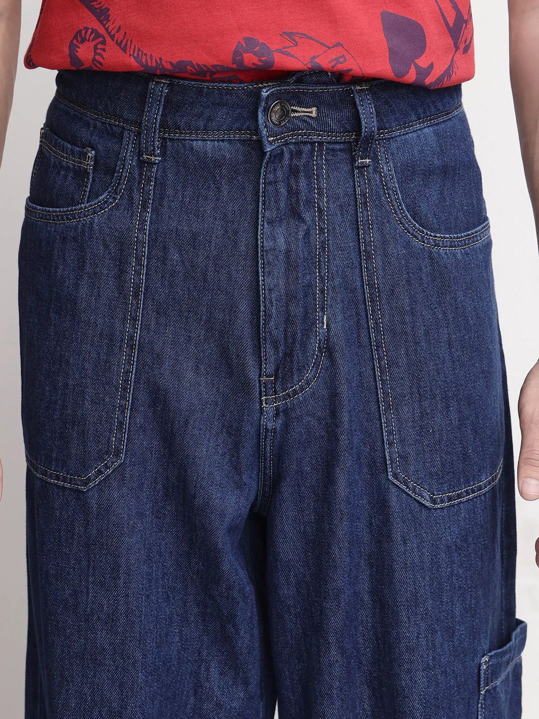 Mens Blue Plain Baggy Fit Mid Rise Casual Jeans