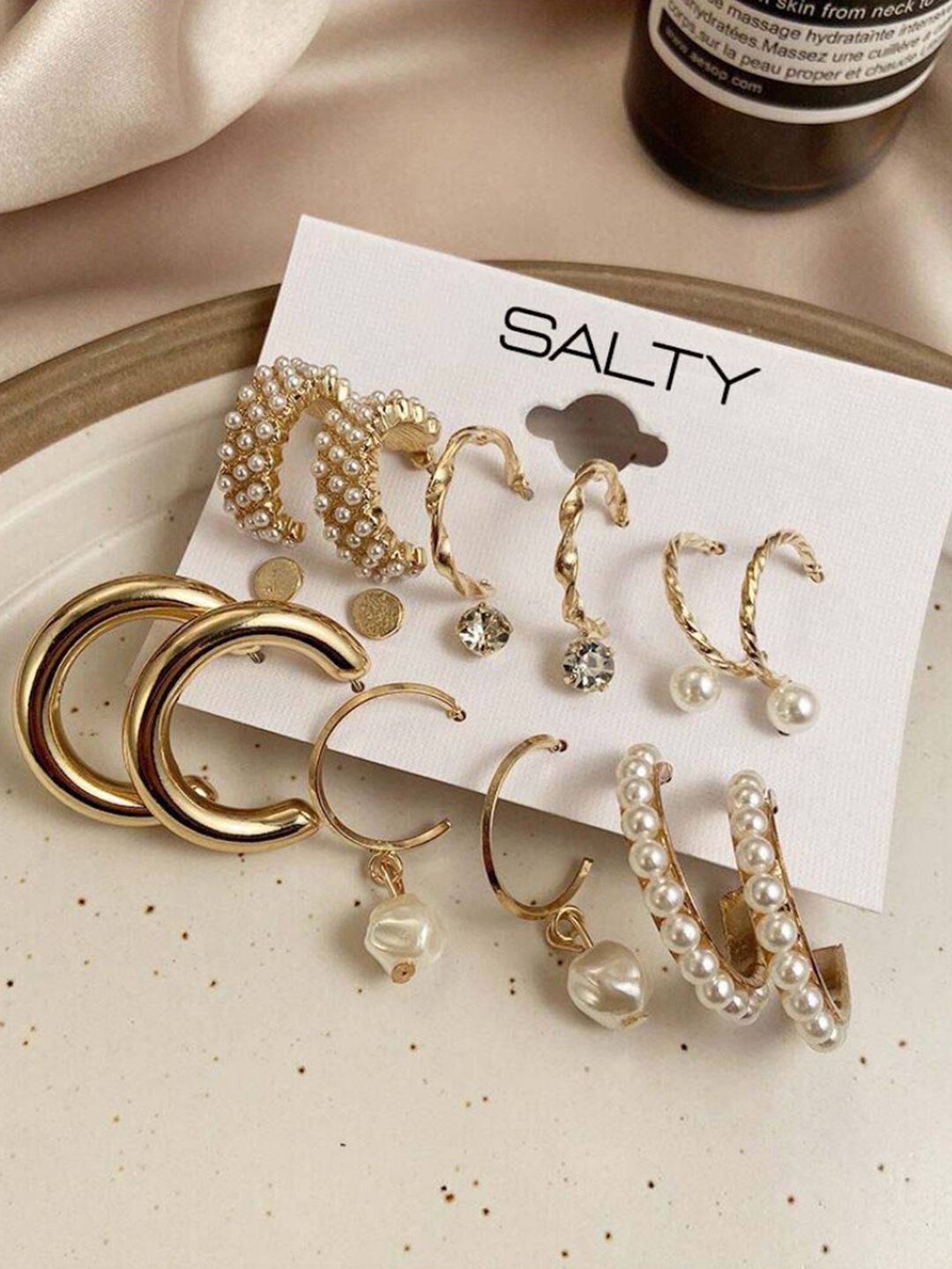 SALTY Women Set of 9 Chunky Freshwater Pearl Hoop Earrings