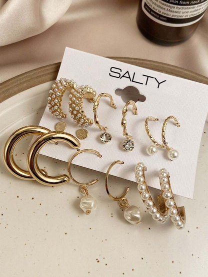 SALTY Women Set of 9 Chunky Freshwater Pearl Hoop Earrings