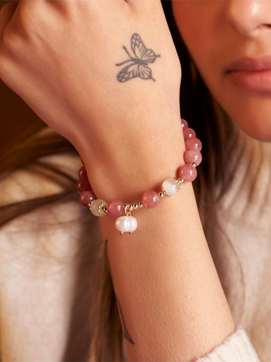 SALTY Women Stainless Steel Wild Whispers Beaded Band Elasticated Bracelet
