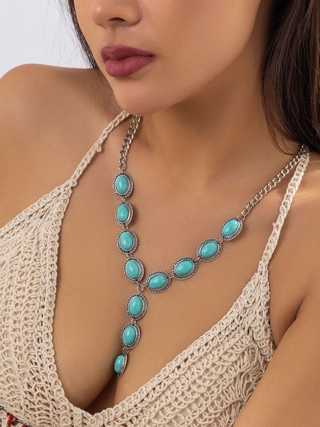 Silver-Plated Artificial Stone Studded Statement Necklace
