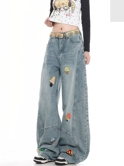 Women Wide Leg High-Rise Light Fade Embroidered Jeans
